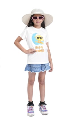 KUCHU Kids Graphic Printed T-Shirt | Happy Summer | Cotton Modal Fabric | Soft & Skin-Friendly | Everyday Casual Wear for Boys & Girls (in, Age, 10 Years, 11 Years, Regular, White)