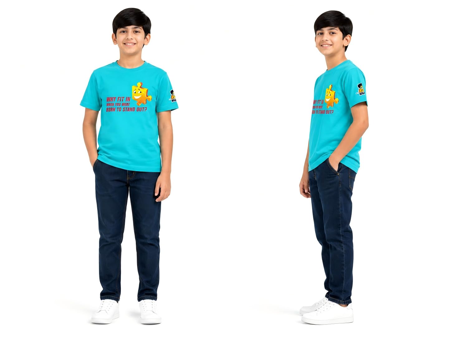 KUCHU Unisex T-Shirt | Why Fit in Print | 6–7 Years | Cotton Modal Fabric | Soft Feel | Breathable | Digitally Printed | Vibrant Colour Teal