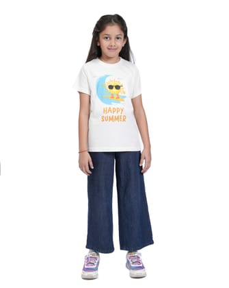 KUCHU Kids Graphic Printed T-Shirt | Happy Summer | Cotton Modal Fabric | Soft & Skin-Friendly | Everyday Casual Wear for Boys & Girls (in, Age, 8 Years, 9 Years, Regular, White)