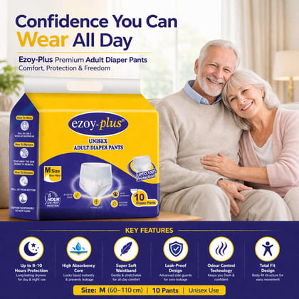 Ezoyplus Adult Diaper Pants M SIZE (24–42 Inch Waist) | Extra Comfort | Leakproof | High Absorbency, 10 Count