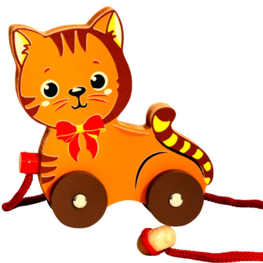 TOYJOS Wooden Pull Along Cat Toy | Babies Toddler Pull String Walking Toy with Moving Wheels | Early Learning, Encourages Walking, Balance and Motor Skill Development Toys for Girls, Boys (12+ months)