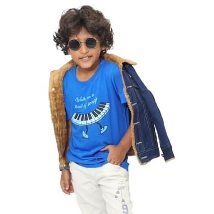 KUCHU Unisex T-Shirt | Walk On A Trail of Song Print | 8–9 Years | Cotton Fabric | Breathable | Casual Wear | Graphic Tee | Everyday Wear Blue