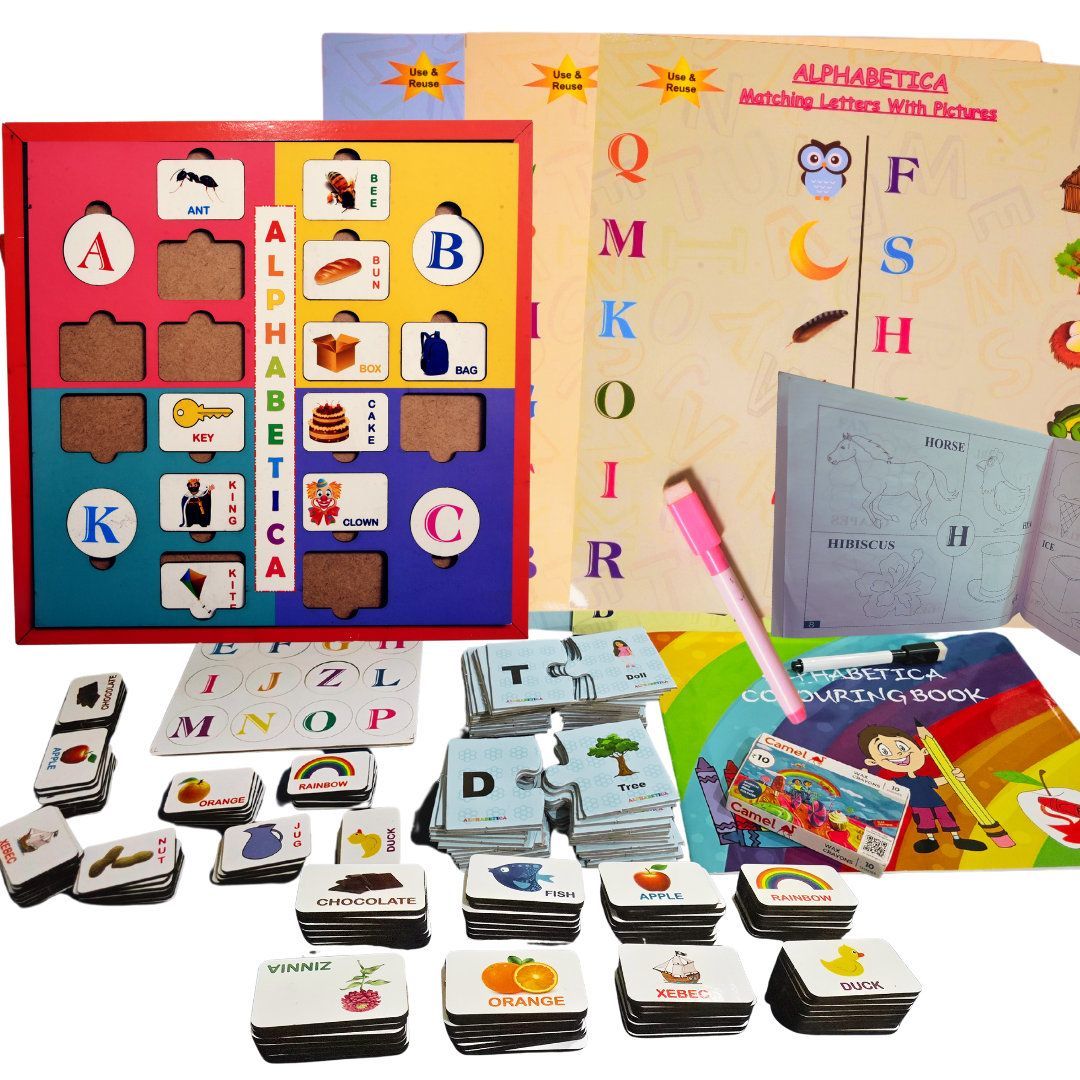 TOYJOS Wooden Educational Kids Learning Kit for Boys Girls | Reusable Sheets, Flash Cards, Cubes, Blocks, Analog Clock Board Games for Early Learning | Montessori Preschool Toys Set (Age 3�6 Years)