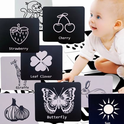 TOYJOS Flash Cards for Babies and Infants | High Contrast Double Sided Jumbo Pictures | Visual Stimulation | Cognitive,Visual and Language Development Tools | Ideal for 0 to 12 Months (32 Pictures)