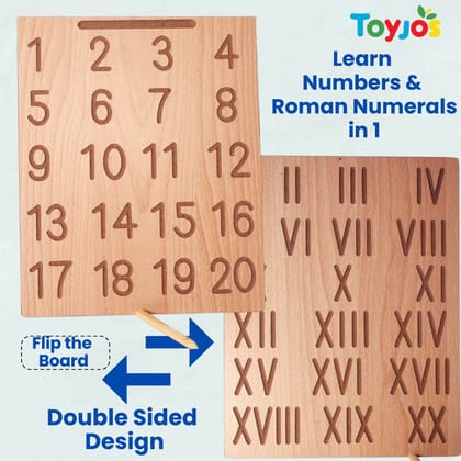 TOYJOS Wooden Counting and Roman Numbers Tracing Board With Stylus Pen | Kids Educational Double-Sided Maths Practice Board Toys | Reversible Montessori Learning Writing Slate for Boys, Girls (Age 2+)