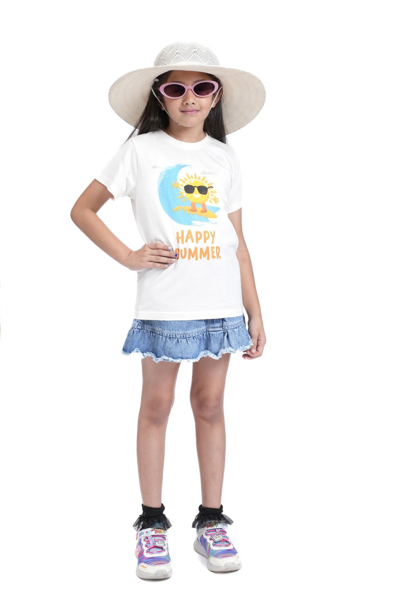 KUCHU Kids Graphic Printed T-Shirt | Happy Summer | Cotton Modal Fabric | Soft & Skin-Friendly | Everyday Casual Wear for Boys & Girls (in, Age, 8 Years, 9 Years, Regular, White)
